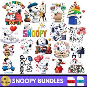 Paquete de más de 30 PNG de perros espeluznantes, imágenes prediseñadas de estilo beagle de dibujos animados / Divertidos SVG y PNG de Snoopy / Diseño de sublimación de descarga digital para amantes de las mascotas