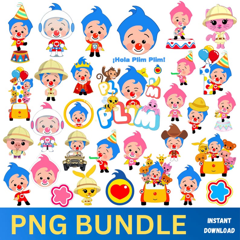May include: A selection of colourful cartoon character PNG images, featuring a clown with blue hair and a red nose, and other characters in various outfits. The text "&iexcl;Hola Plim Plim!" is visible, along with "PNG BUNDLE" and "INSTANT DOWNLOAD".
