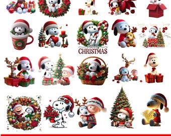 Paquete de imágenes prediseñadas navideñas de Snoopy, imágenes de vacaciones de invierno en formato SVG, PNG, JPG y PDF
