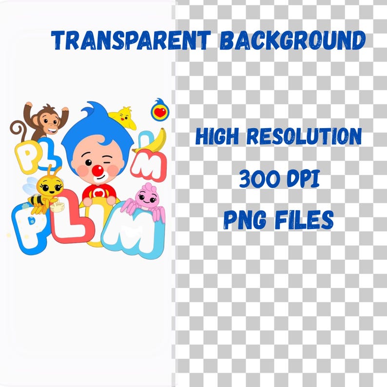 May include: A vibrant digital graphic featuring a cartoon character with blue hair, a red nose, and a red and yellow outfit. The image includes the text "TRANSPARENT BACKGROUND", "HIGH RESOLUTION", "300 DPI", and "PNG FILES".