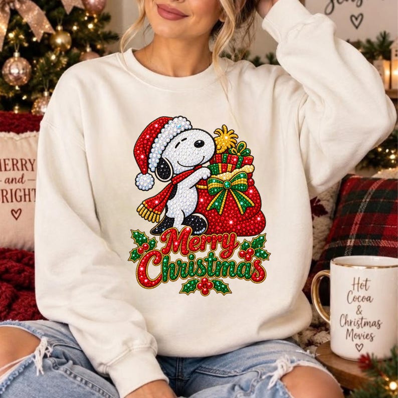 May include: A cream-colored crewneck sweatshirt featuring a graphic of Snoopy wearing a Santa hat and scarf, holding a red gift sack filled with presents. The design includes the text Merry Christmas in red and green, accented with holly.