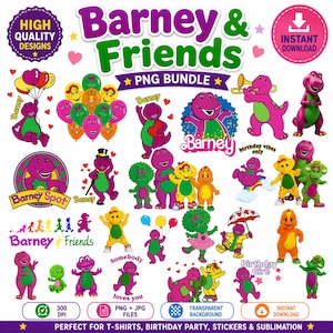 May include: A selection of Barney & Friends PNG graphics. The images show Barney the dinosaur in different poses, with balloons, and holding musical instruments. The graphics are in shades of purple, green, yellow, and orange. Text includes "PNG Bundle" and "Instant Download".