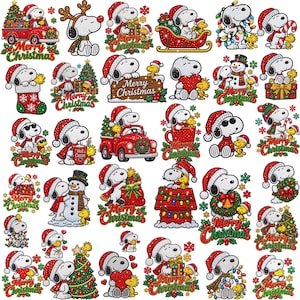May include: A collection of Snoopy and Woodstock diamond painting stickers featuring various Christmas themes, including red trucks, stockings, presents, candy canes, snowmen, and wreaths, all with the text Merry Christmas in festive colors.