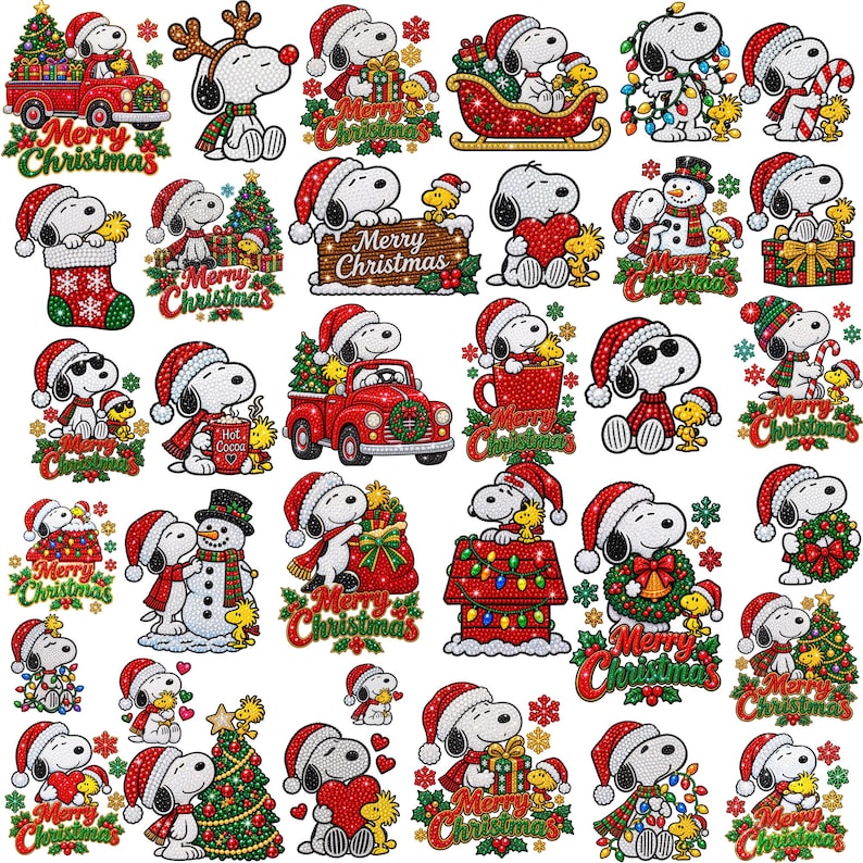 May include: A collection of Snoopy and Woodstock diamond painting stickers featuring various Christmas themes, including red trucks, stockings, presents, candy canes, snowmen, and wreaths, all with the text Merry Christmas in festive colors.