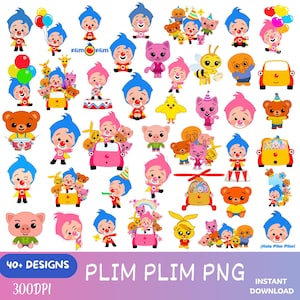 May include: A collection of colorful cartoon character designs, including a clown, animals, and vehicles. The image features the text "40+ DESIGNS" and "PLIM PLIM PNG". The characters are in various poses, some holding balloons or musical instruments.