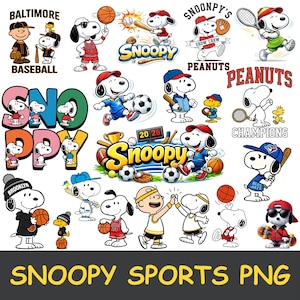 May include: A selection of Snoopy character illustrations in various sports poses. Snoopy is shown playing baseball, basketball, soccer, and tennis. The image includes text such as "Baltimore Baseball" and "Snoopy Sports PNG".