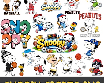 May include: A collection of Snoopy character illustrations in various sports poses. Snoopy is depicted playing baseball, basketball, soccer, and tennis. The image includes text such as "Baltimore Baseball" and "Snoopy Sports PNG".