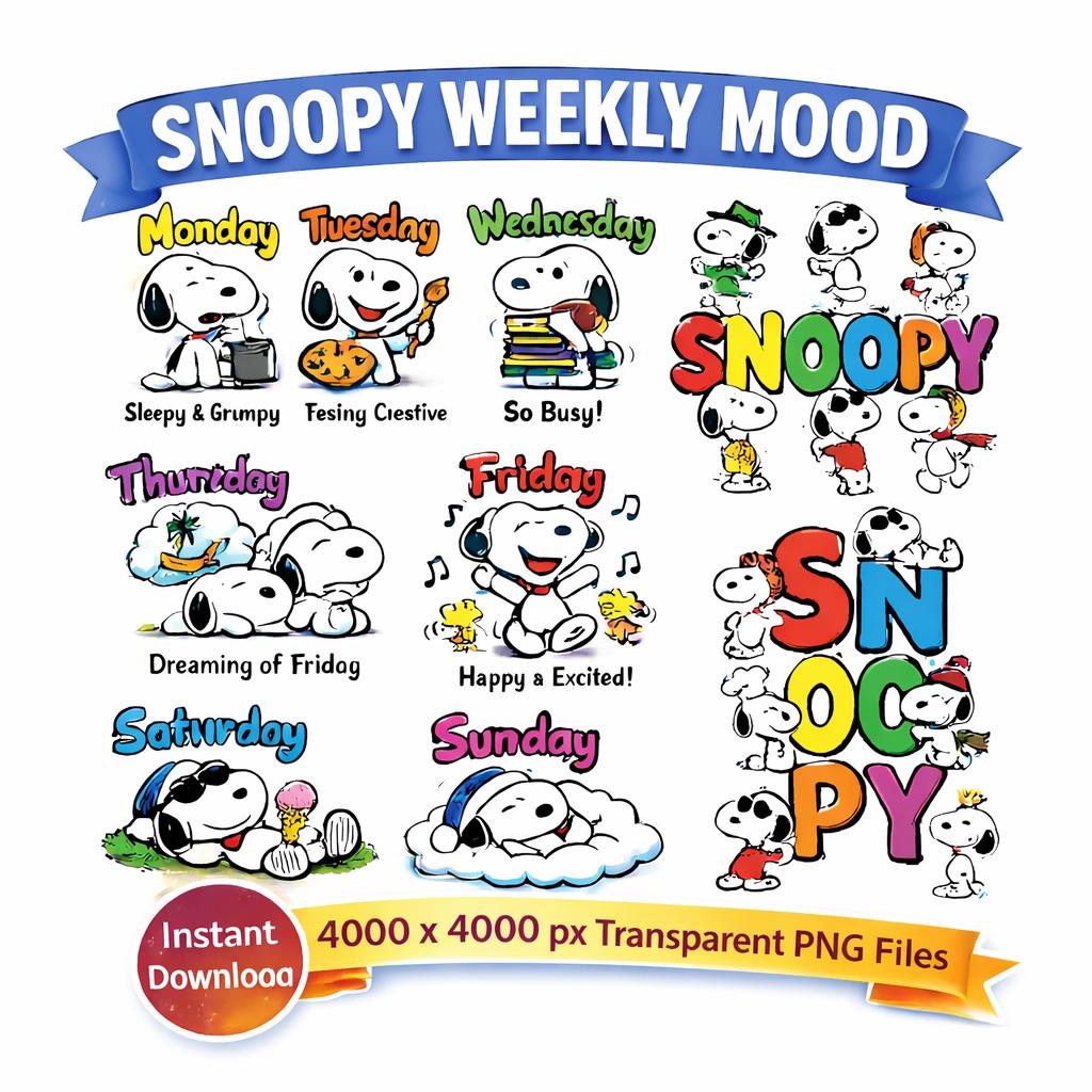 Snoopy Themed Daily Routine Snoopy Weekly Mood PNG Bundle – Cartoon Dog Daily Expressions (digital ...
