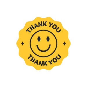 May include: A yellow sticker with a scalloped edge features a black smiley face and the words "THANK YOU" in a circular pattern. Two small black starbursts flank the smiley face. The design is on a white background.