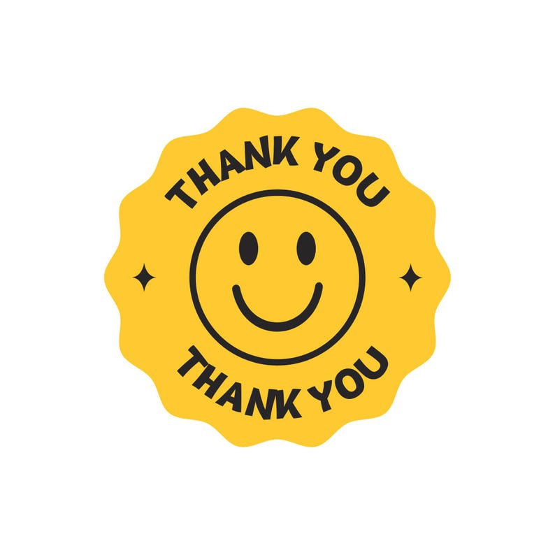 May include: A yellow sticker with a scalloped edge features a black smiley face and the words "THANK YOU" in a circular pattern. Two small black starbursts flank the smiley face. The design is on a white background.