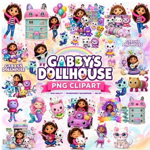 May include: A digital collection of Gabby's Dollhouse PNG clipart featuring the character Gabby, various cat-themed creatures, a multi-story dollhouse, and colorful rainbows. The text GABBY'S DOLLHOUSE PNG CLIPART is prominently displayed in the center.