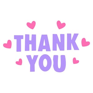 May include: A graphic design featuring the text THANK YOU in bold, light purple, rounded capital letters. The text is surrounded by six small, solid pink hearts arranged in a symmetrical pattern around the words on a plain white background.