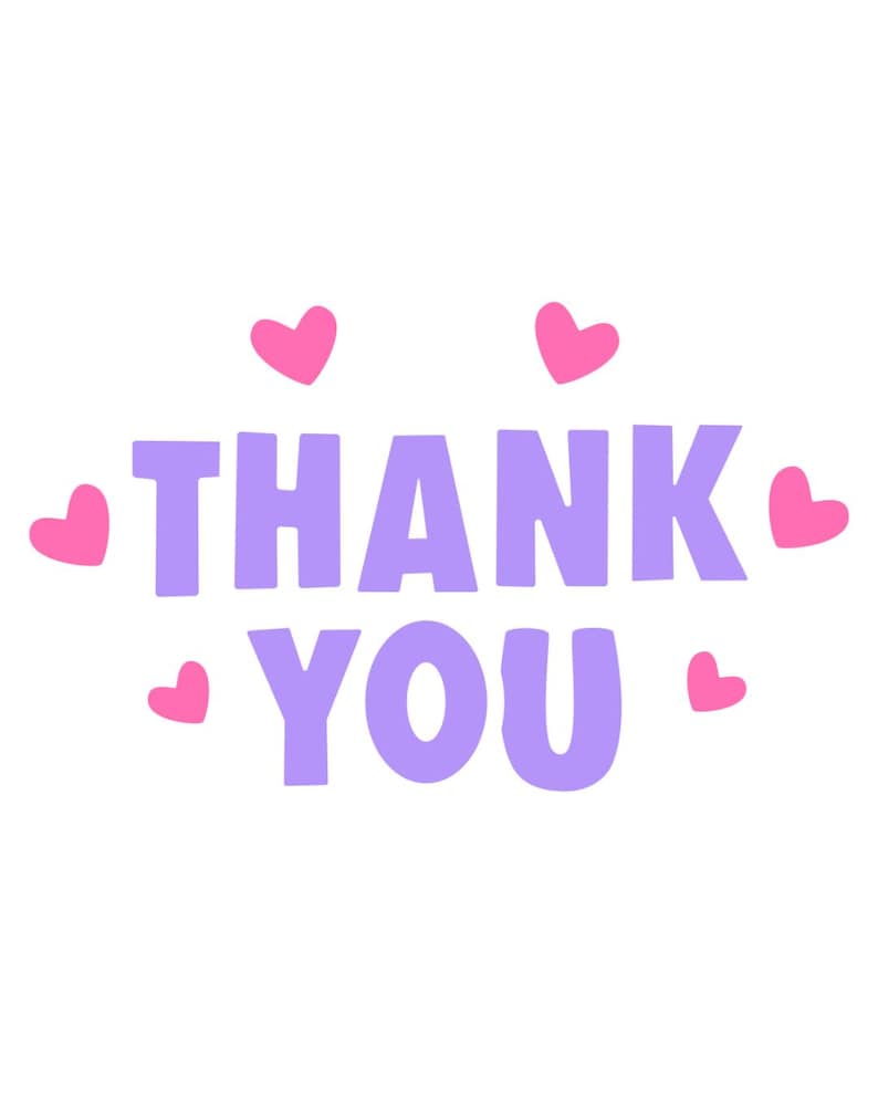 May include: A graphic design featuring the text THANK YOU in bold, light purple, rounded capital letters. The text is surrounded by six small, solid pink hearts arranged in a symmetrical pattern around the words on a plain white background.