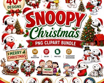 May include: A digital collection of over 40 Snoopy Christmas-themed clipart designs featuring the character in various holiday settings, including with a Christmas tree, snowman, gifts, and wreaths, with the text Snoopy Christmas PNG Clipart Bundle.