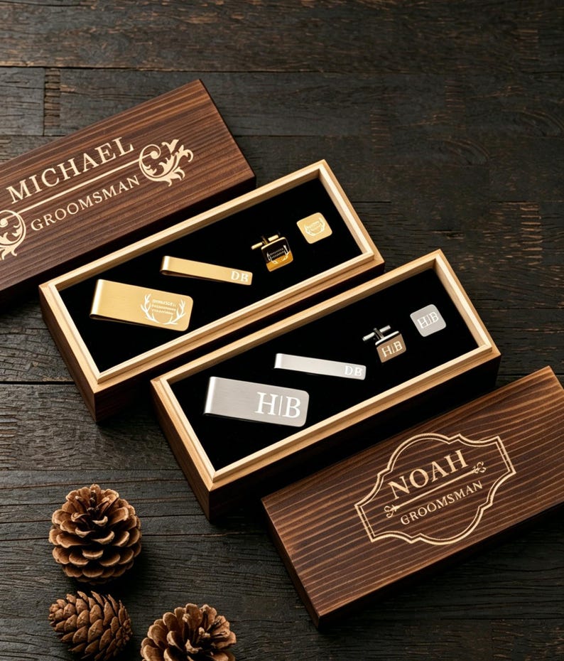 May include: Wooden gift boxes with personalized text, containing gold and silver cufflinks, tie clips, and money clips. The boxes are engraved with names and the word "Groomsman". The items are displayed on a black velvet surface.