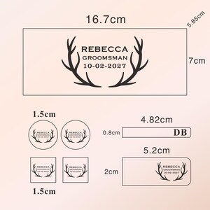 May include: A collection of custom labels and stickers featuring the name "Rebecca", the title "Groomsman", and the date "10-02-2027". The designs include rectangular, circular, and square shapes, with dimensions in centimeters and inches.