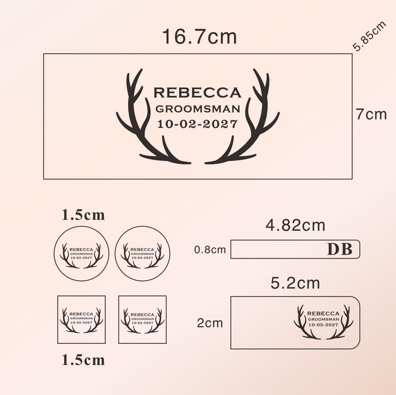 May include: A collection of custom labels and stickers featuring the name "Rebecca", the title "Groomsman", and the date "10-02-2027". The designs include rectangular, circular, and square shapes, with dimensions in centimeters and inches.