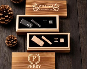 Groomsmen Cufflinks, Personalized Groomsmen Gifts, Wedding Cufflinks & Tie Clip Set with Wood Box, Best Man Gifts, Groomsmen Proposal