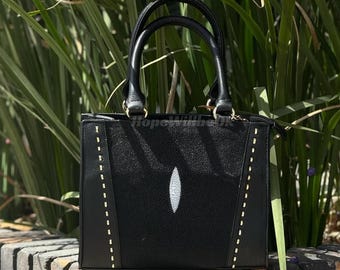 Genuine Black Stingray Leather Top Handle Bag : Formal and casual stingray accessories