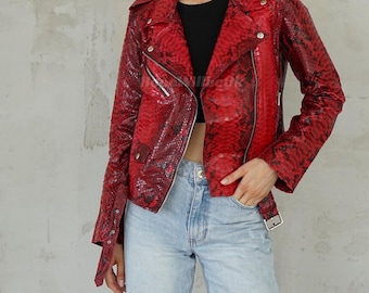 Giacca da donna in vero pitone rosso: stile formale e casual in pelle di serpente
