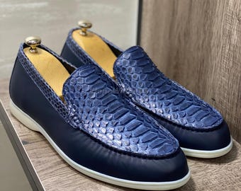 Genuine Deep Blue Python Leather Loafers : Formal and casual snakeskin footwear