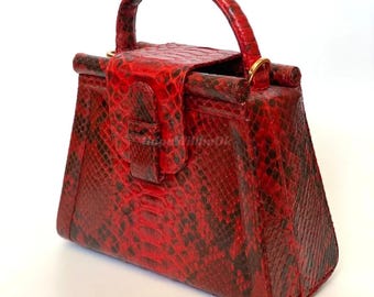 Genuine Red Python Leather Top Handle Bag : Formal and casual snakeskin accessories