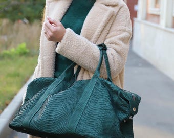 Genuine Green Python Leather Top Handle Bag : Formal and casual snakeskin accessories