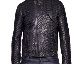 Chaqueta de hombre de pitón negro con dragón genuino: moda formal e informal de piel de serpiente