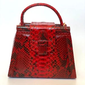 Deep Red Python Top Handle Bag, Glossy Snakeskin Handbag, Exotic Leather Purse, Structured Suede Lined Bag