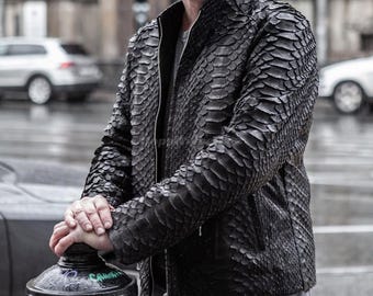 Jaqueta masculina Genuine Dragon Black Python: Moda em pele de cobra para ocasiões formais e casuais.