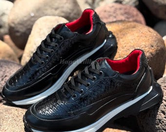 Genuine Black Python Leather Sneakers : Formal and casual snakeskin footwear