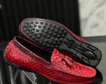 Genuine Red Python Leather Slip On : Formal and casual snakeskin footwear