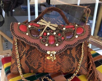 Genuine Brown Python Leather Top Handle Bag : Formal and casual snakeskin accessories