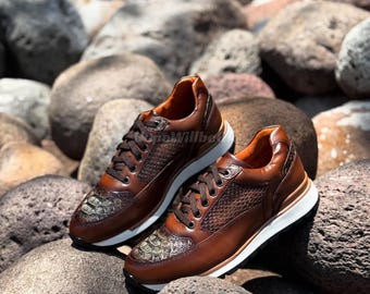Genuine Brown Python Leather Sneakers : Formal and casual snakeskin footwear