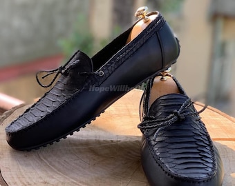 Genuine Black Python Leather Slip On : Formal and casual snakeskin footwear