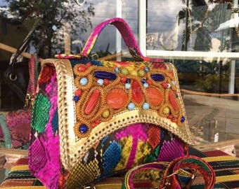 Genuine Multicolor Python Leather Top Handle Bag : Formal and casual snakeskin accessories