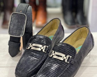 Genuine Black Lizard Leather Slip On : Formal and casual lizard footwear