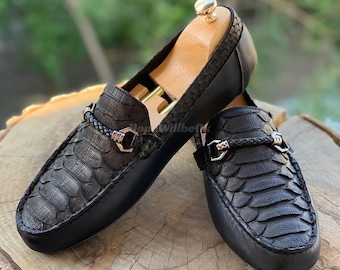 Genuine Black Python Leather Slip On : Formal and casual snakeskin footwear