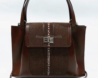 Genuine Brown Stingray Leather Top Handle Bag : Formal and casual stingray accessories