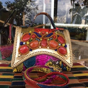 Multicolor Python Top Handle Bag, Embellished Snakeskin Handbag, Handmade Exotic Leather Purse, Shoulder Strap