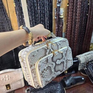 Natural Grey Python Top Handle Bag, Matte Snakeskin Handbag, Exotic Leather Purse, Suede Trim, Gold Hardware