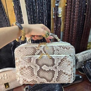 Peut inclure: Un sac à main rectangulaire présentant un motif en peau de serpent naturel dans des tons beige, marron et crème. Le sac comprend une poignée supérieure, une poche frontale zippée et des fermetures éclair et attaches en métal doré.