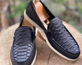 Genuine Black Python Leather Loafers : Formal and casual snakeskin footwear