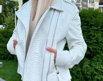 Chaqueta de piel de pitón blanca auténtica para mujer: moda formal e informal de piel de serpiente