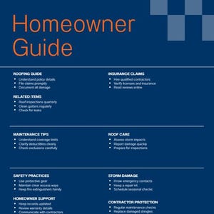 Op de afbeelding: Een blauwe Homeowner Guide met oranje tekst. De gids geeft informatie over dakbedekking, verzekeringsclaims, onderhoud, dakonderhoud, veiligheidspraktijken, stormschade, ondersteuning van huiseigenaren en noodreparaties.