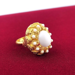 Vintage Gold Tone White Cabochon Adjustable Statement Cocktail Ring