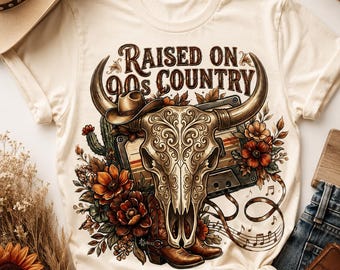 90s Country Bull Skull PNG SVG, Retro Cowgirl Shirt Design, Vintage Western Skull, Country Music Lover Gift