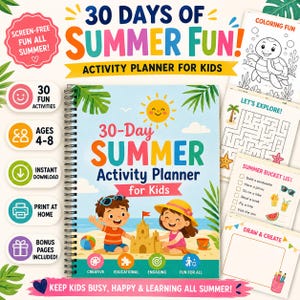 Op de afbeelding: Een spiraalgebonden activiteitenplanner voor kinderen met de titel "30-Day Summer Activity Planner for Kids." De omslag toont cartoonkinderen die een zandkasteel bouwen. Inclusief kleurplaten, doolhoven en een zomer-bucketlist. Voor kinderen van 4-8 jaar.