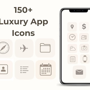 Könnte beinhalten: Eine digitale Anzeige mit 150+ Luxury App Icons und einem Smartphone auf der rechten Seite. Die Symbole sind beige Quadrate mit dunkelbraunen Strichzeichnungen, darunter ein Kompass, ein Flugzeug, ein Ordner, eine Uhr, Fotos und E-Mail.