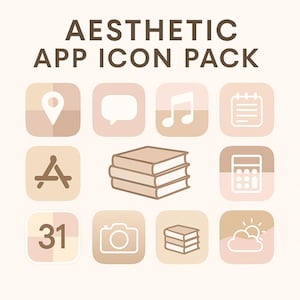 Peut inclure: Pack d'icônes d'applications esthétiques avec neuf icônes dans une palette de couleurs douces et neutres. Les icônes incluent une épingle de localisation, une bulle de dialogue, une note de musique, un bloc-notes, la lettre A, une pile de livres, une calculatrice, un calendrier, un appareil photo et un nuage avec le soleil.